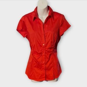 NWT Nue Options Short Sleeve Red Ruched Button-Down Shirt ~sz M